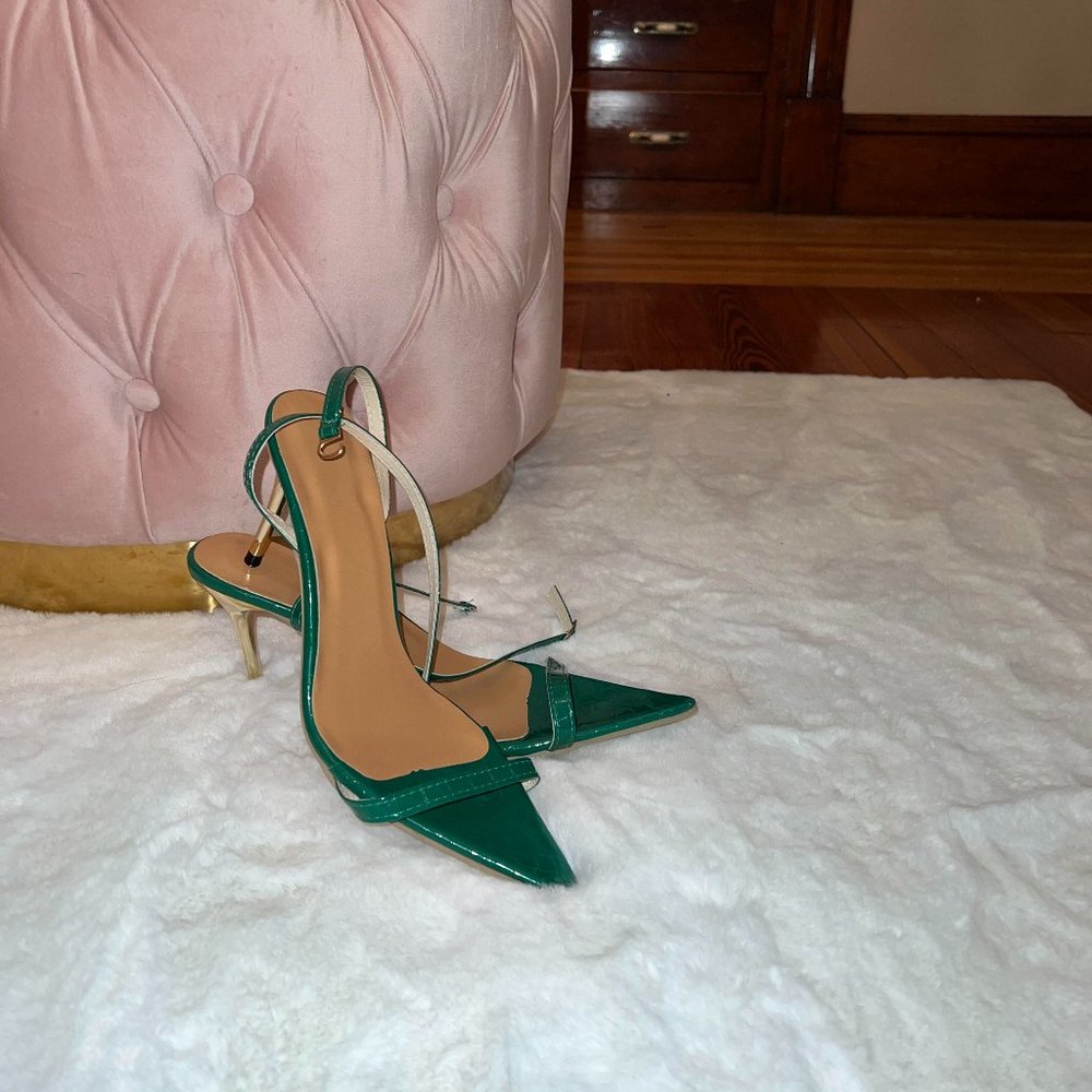 Emerald Green and Gold Croc Pointed Heels